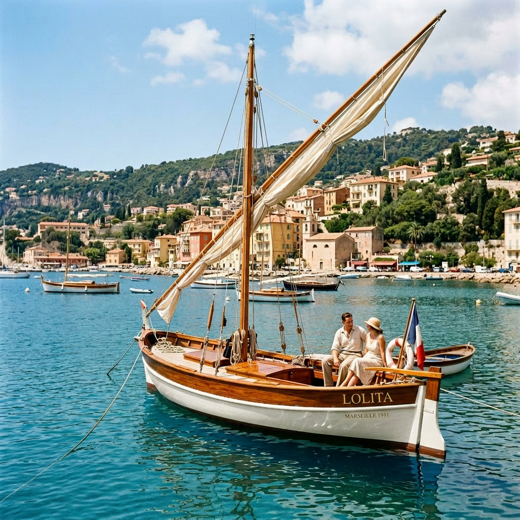 A couple sitting on a wooden sailboat named L'Estrello in a calm harbor with colorful buildings and green hills in the background