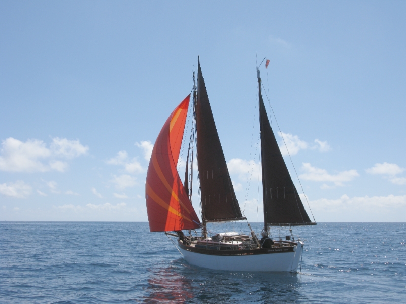 Un voilier avec une grande voile rouge et des voiles noires naviguant sur l'océan sous un ciel bleu clair.