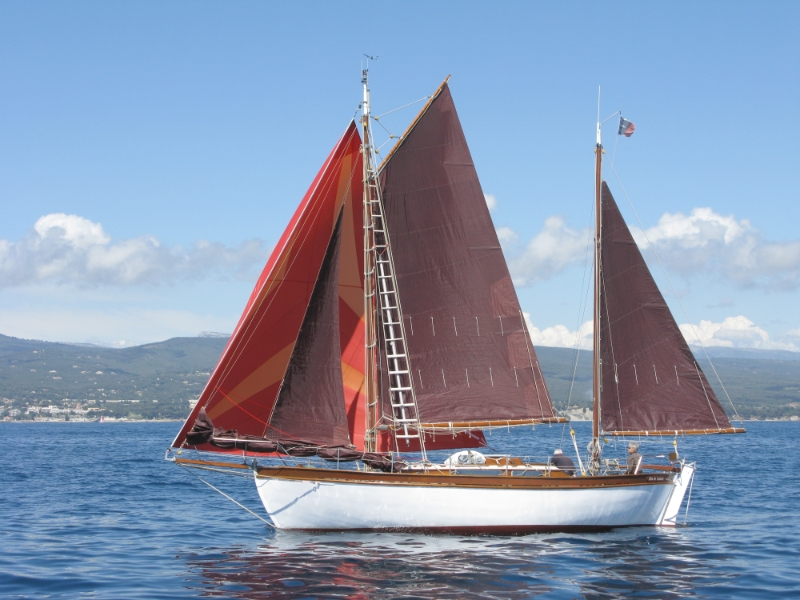 Un voilier élégant avec des voiles rouges et beiges naviguant sur une mer calme, avec des collines en arrière-plan et un ciel bleu clair.