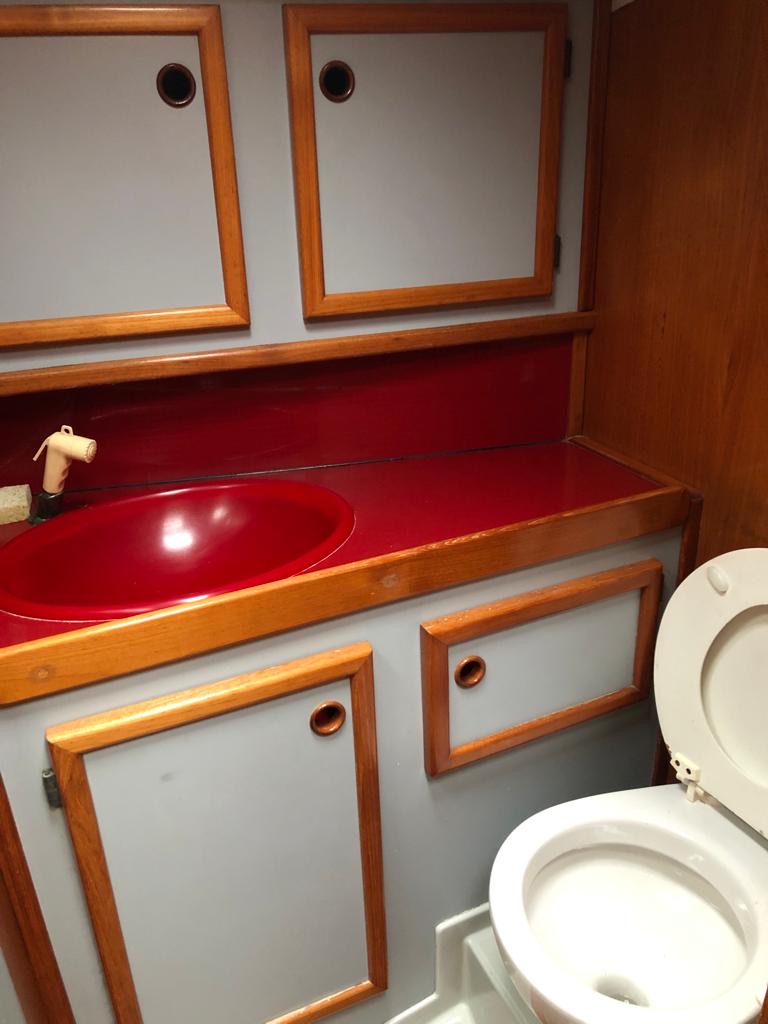 Salle de bain avec un lavabo rouge et des meubles en bois, comprenant un coin toilette blanc.